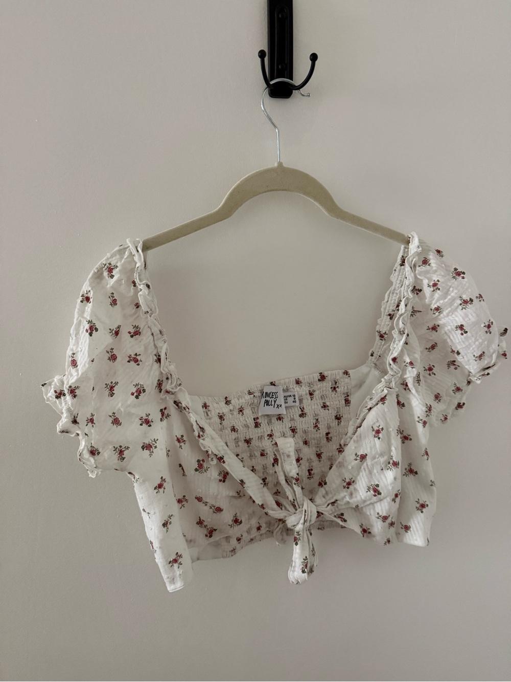 Princess Polly White Floral Tie-Front Crop Top with Pink Rose Print